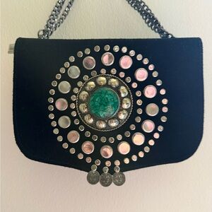 Black Velvet Clutch with Green Stone Medallion